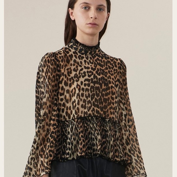 Ganni pleated Georgette leopard blouse - Picture 2 of 5